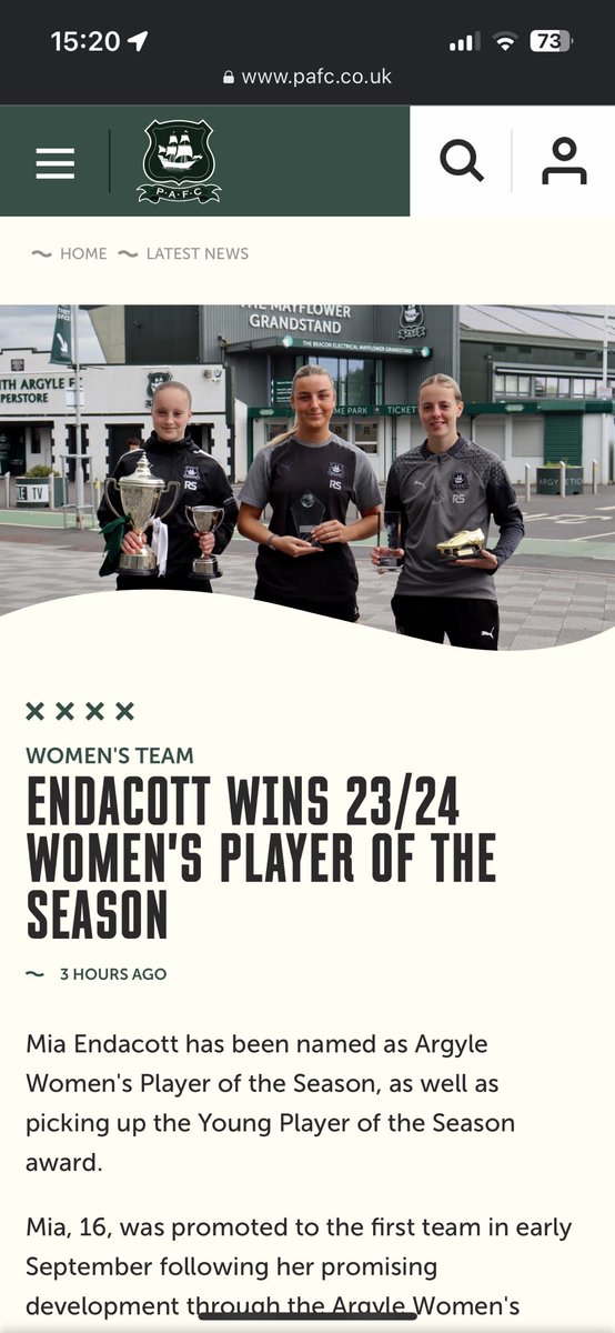 Marvellous and much deserved  accolade for Mia! 
First XI football at 16. Euro finals as an U17 Lioness, Player of the Season, fantastically modest and extremely hardworking student. Wow! 
Full report here: 
pafc.co.uk/news/endacott-…
