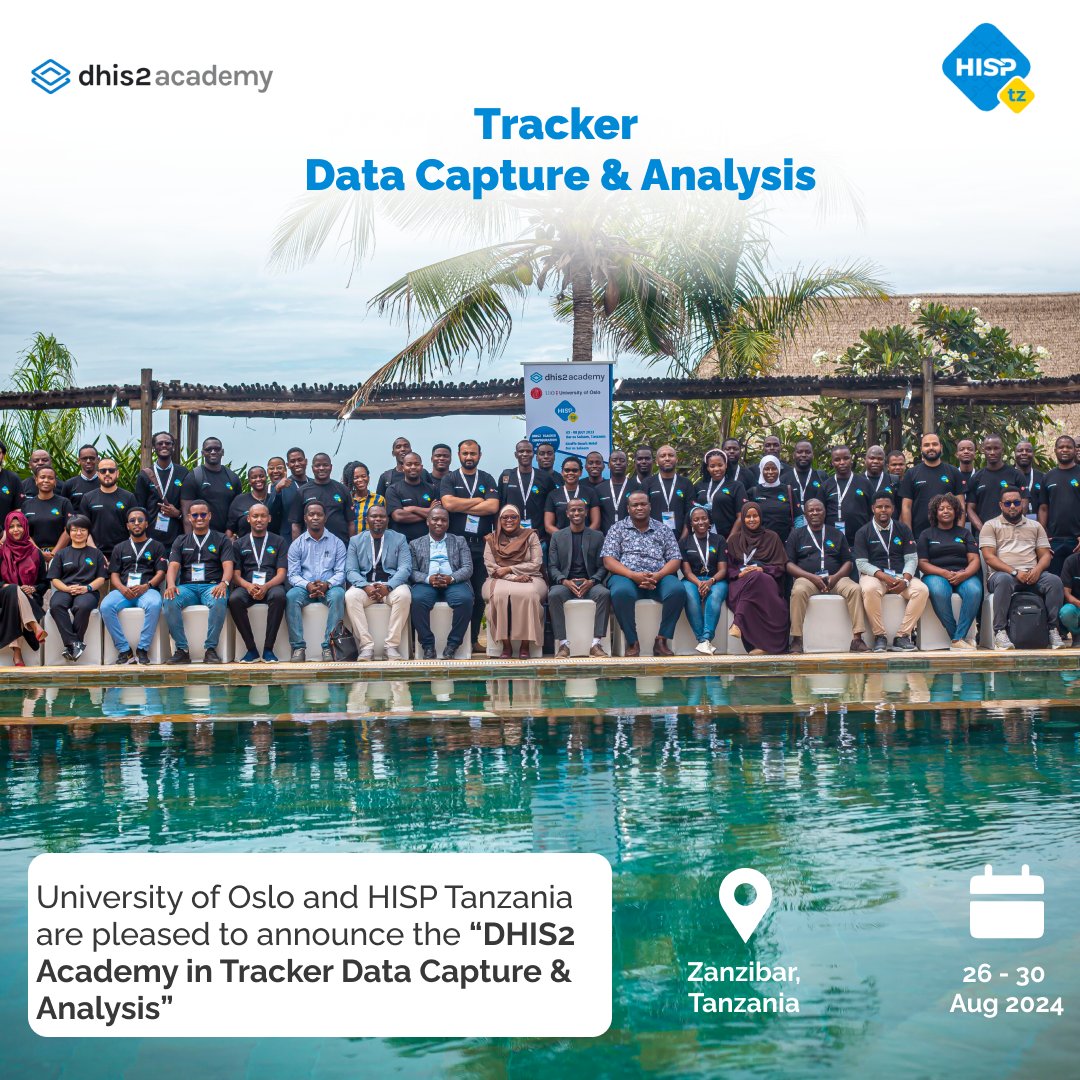 hisptanzania's tweet photo. DHIS2 Tracker Data Capture &amp; Analysis academy is here and is taking place in Zanzibar on 26 - 30 August 2024.
To register for this academy click the link below
https://t.co/5Goom9QJpJ
If you would like to learn more about the academy click the link below 
https://t.co/10CB7SPXZo https://t.co/uQUOM4LZMj