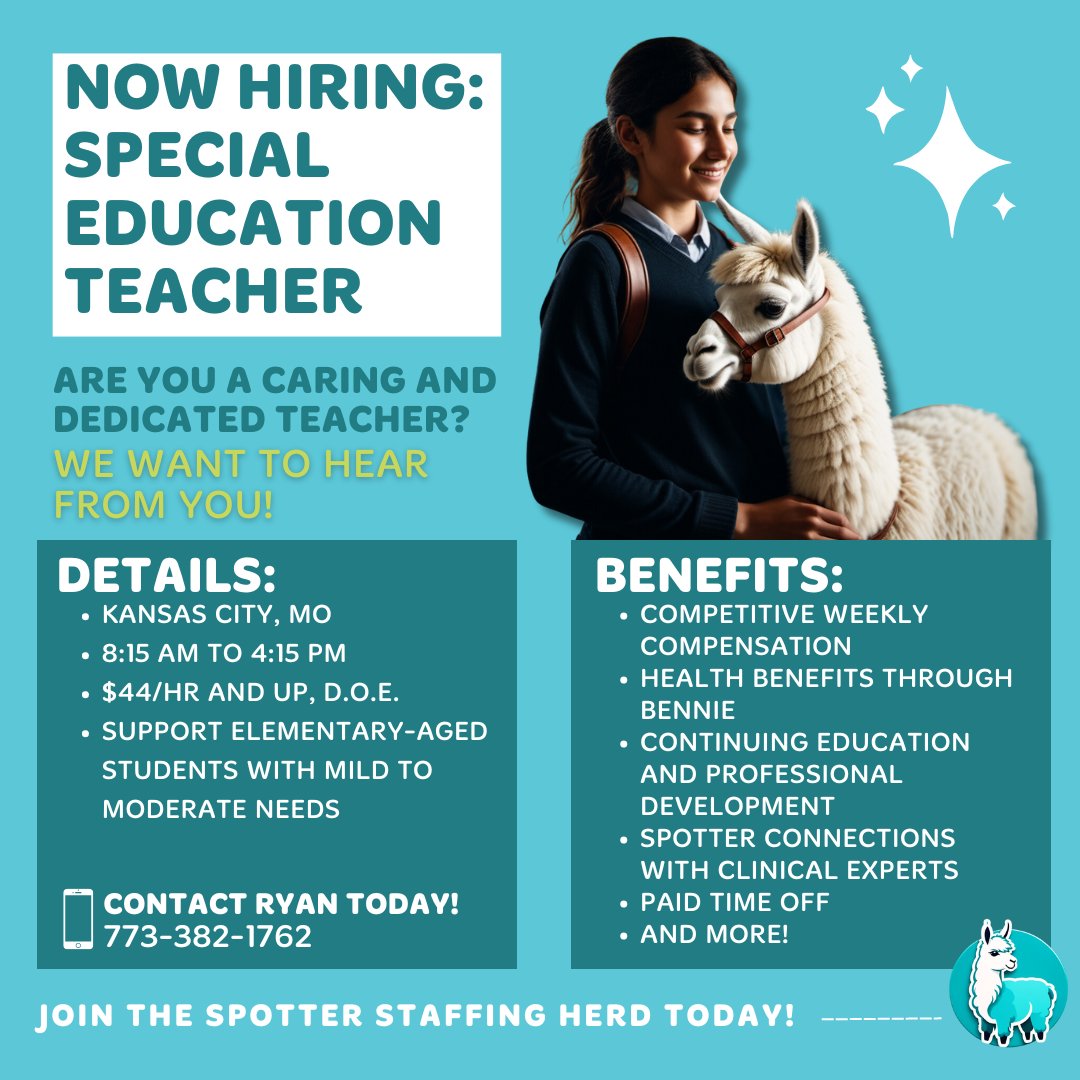 We're hiring a #SpecialEducationTeacher in Kansas City, MO!
Hours ⏲️ - 8:15 am - 4:15 pm
Pay 💰 - $44+/hr, DOE
Call ☎️ - (773) 382-1762
Email 📧 - RyanC@SpotterStaffing.com
Click to apply: spotterstaffing.com/therapists/
#JoinTheHerd 🦙 #KCMOJobs #SpecialEducationJobs