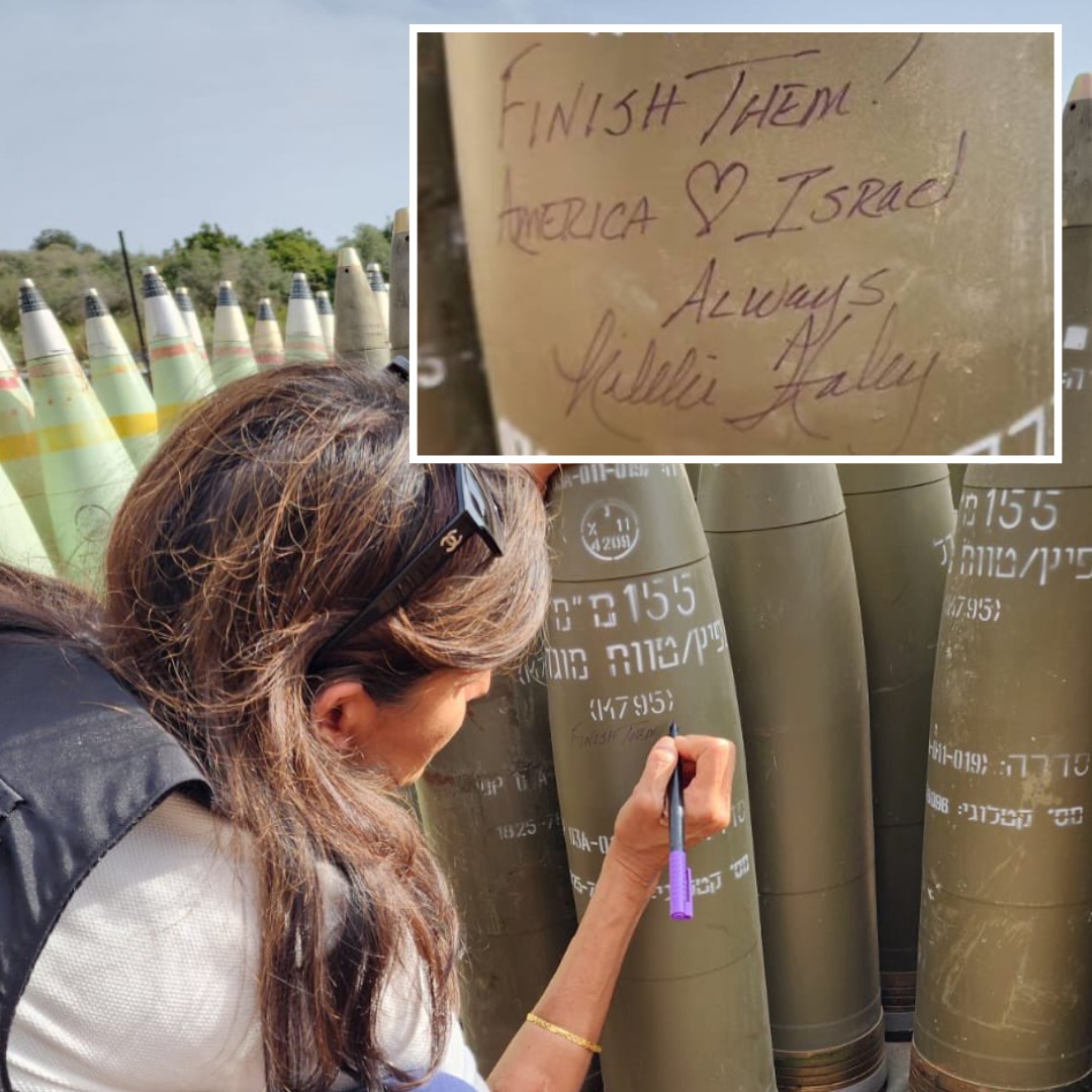 A futura memoria: Nikki Haley, repubblicana, già ambasciatrice alle Nazioni Unite durante l’amministrazione Trump, ex candidata presidenziale, ha scritto “Finiteli! L’America ama Israele” su un missile israeliano durante una visita nel nord del paese, questa settimana.