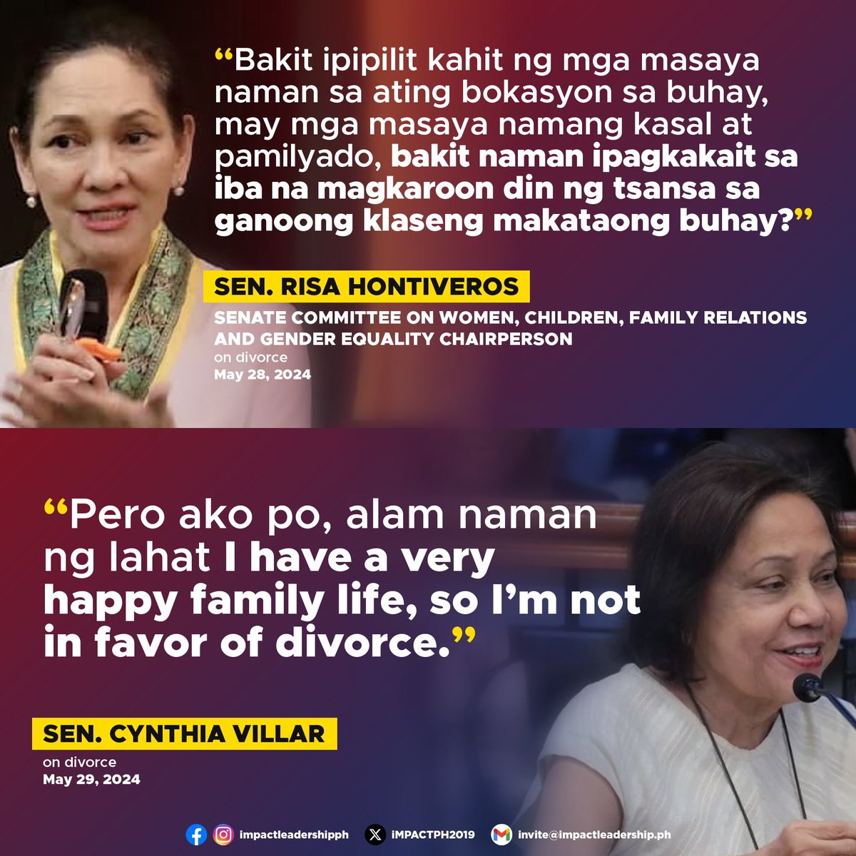 CHOOSE YOUR FIGHTER

Sen. Cynthia Villar, citing her own fulfilling family life, expressed her opposition to divorce.

Sen. Risa Hontiveros questioned why the opportunity for a humane life should be denied to those who seek it, even if many are content in their marriages.