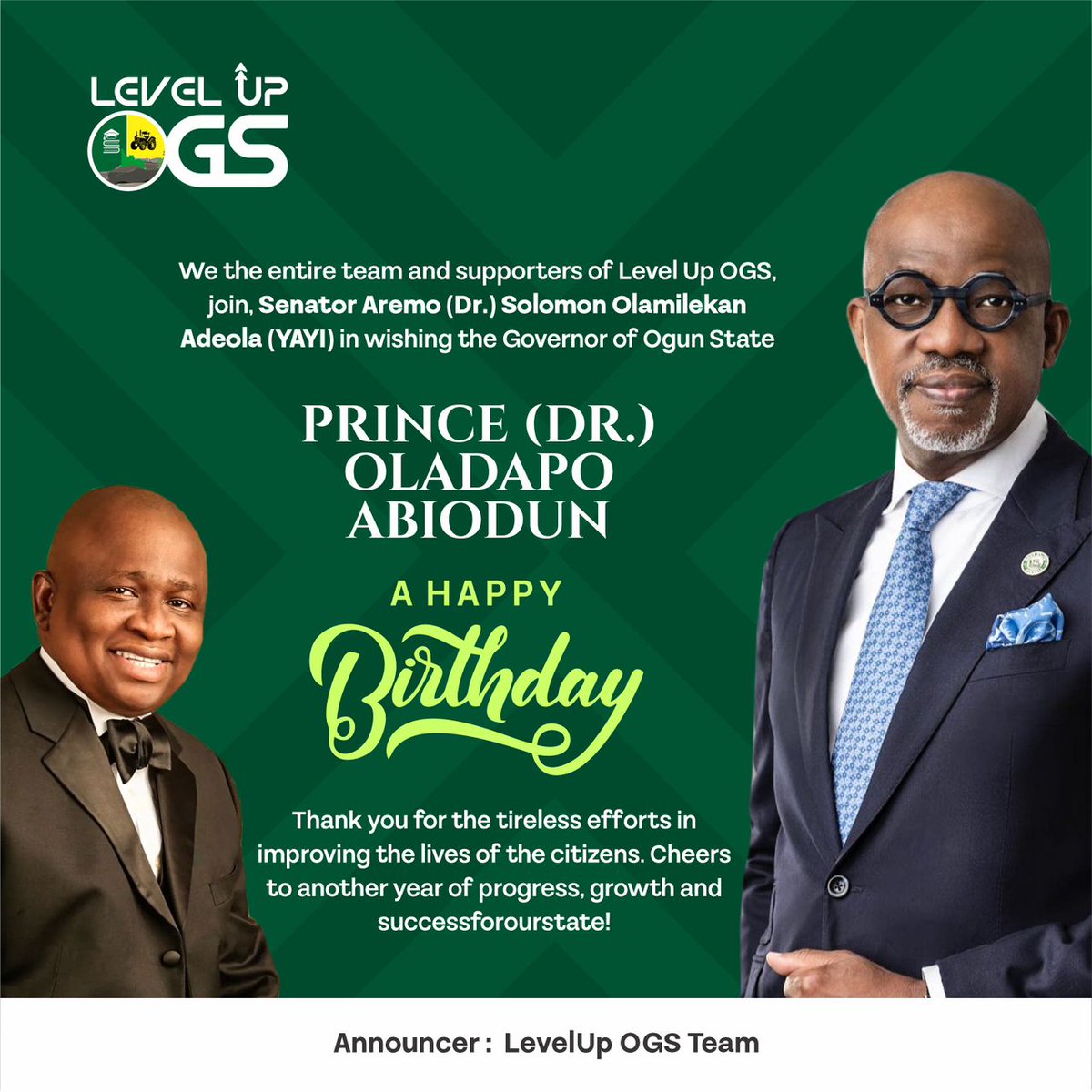 Happy birthday to our visionary leader, Governor Prince (Dr.) Oladapo Abiodun, CON! We celebrate your dedication to the growth and development of Ogun State. 
May this new year bring even greater success and prosperity to our state!

#OgunState #SenatorYayi #LevelUpOG