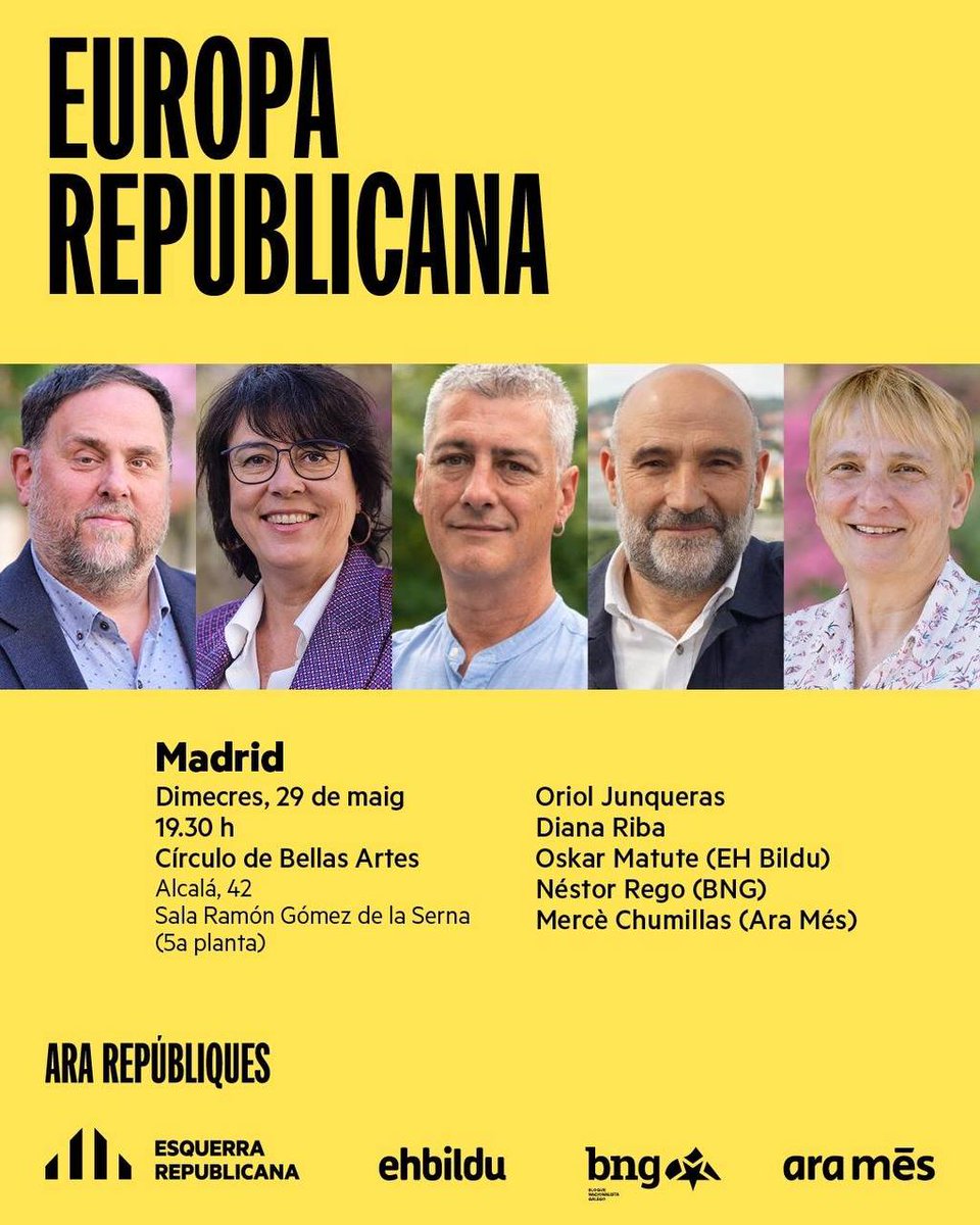 ‼️‼️Aquest vespre ens veiem a Madrid amb els companys de @ehbildu, @obloque i @aramesIB‼️‼️ 👉 Amb Oriol @junqueras, @DianaRibaGiner, @OskarMatute, @NestorRego i Mercè Chumillas. #AraRepúbliques #9J #EuropaRepublicana‼️ Esteu convidats, gonbidatuta zaude, vostede é invitado
