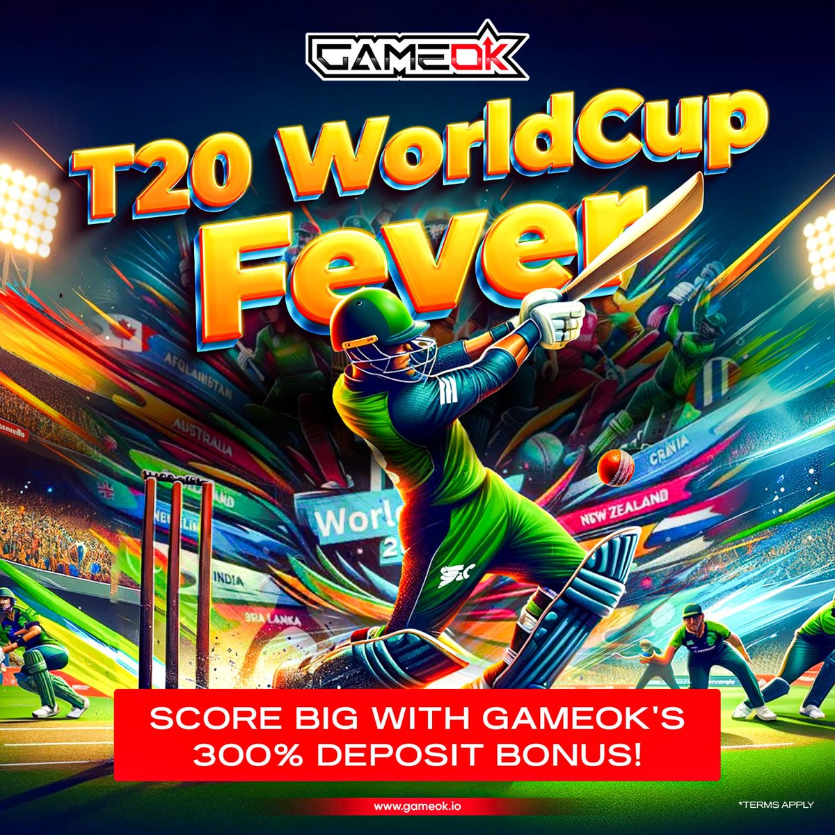 Cricket's biggest battle roars soon,
Get your T20 World Cup fever on with gameOK's MASSIVE 300% Deposit Bonus! 🏏

Earn BIG with a minimum turnover, only on GAMEOK! 🏁 

#gameok #WorldCup #t20worldcup #iccmenscricketworldcup2024 #icc #cricketfans #cricketlover #BettingOnline