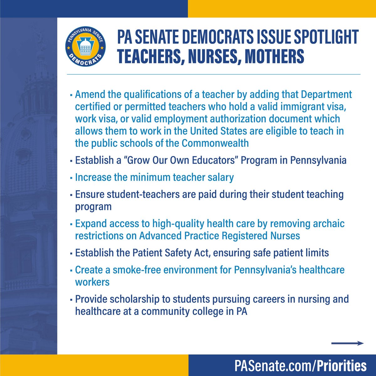 Read all about the legislation we've introduced during the 2023-2024 session to address issues teachers, nurses and mothers face in Pennsylvania. Learn more about what we're doing to help at PASenate.com/Priorities