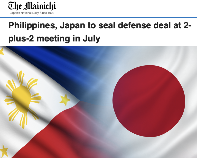 #Philippines, #Japan to seal defense deal at 2-plus-2 meeting in July A reciprocal access agreement that would allow the Philippine Armed Forces and the Japanese Self-Defense Force to train in each other's territory would be finalized this July, Defense Secretary Gilberto