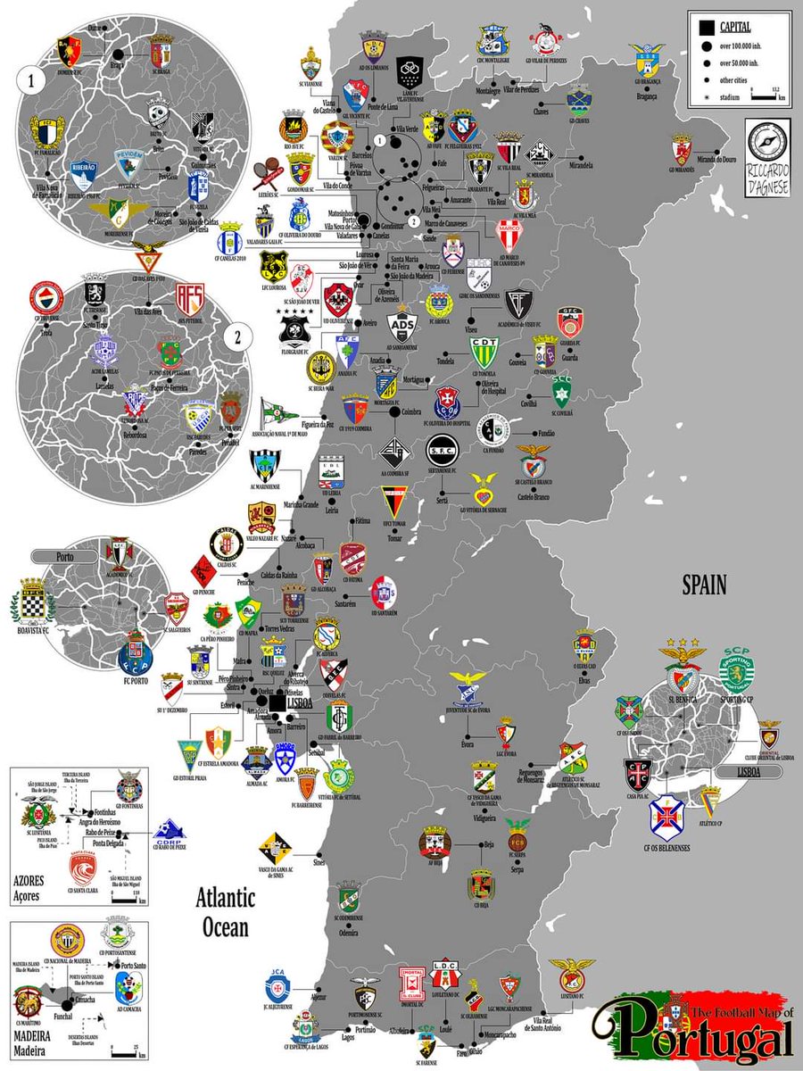 🇵🇹 Mappa della geografia calcistica del Portogallo realizzata da me 🇵🇹 Here available as poster: - (30x40 cm): ebay.it/itm/2858826500… - (50x70 cm): ebay.it/itm/2858826429… The map shows the spatial layout of the clubs that currently play in the first four levels of the