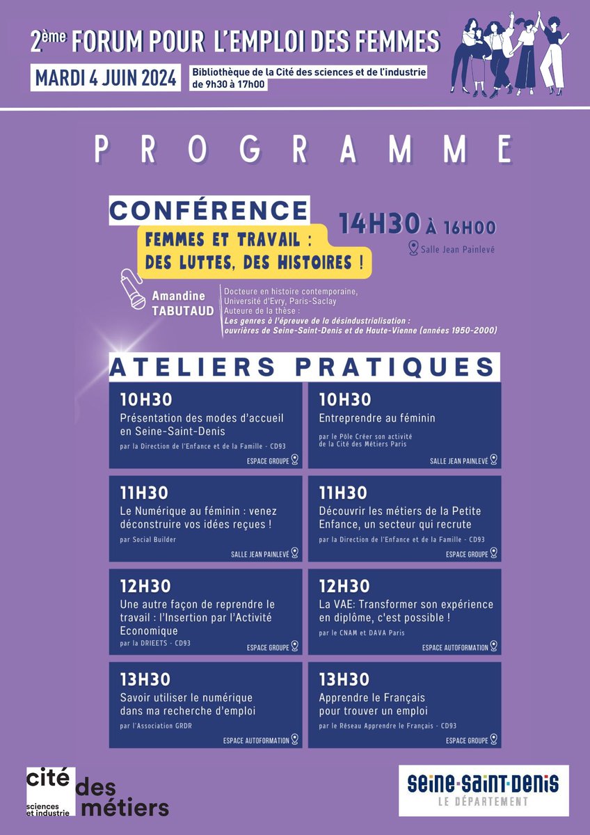 📢Le programme des conférence et ateliers du Forum pour l'emploi des femmes du 4 juin 👇
✍️Sans inscription - 👶garde d'enfants sur place !
En savoir plus cite-sciences.fr/fr/au-programm…