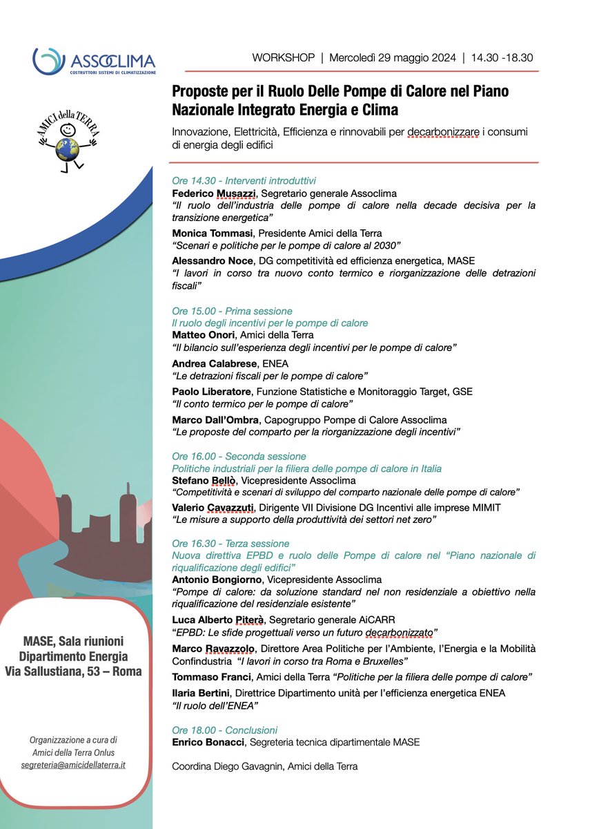amicidellaterra's tweet image. Oggi un workshop organizzato insieme ad @assoclima presso @MASE_IT sul ruolo delle pompe di calore nel nuovo PNIEC. 

Introducono @tommasimoni, Federico Musazzi e Alessandro Noce.

#Innovazione, #elettricità, #efficienza e #rinnovabili per decarbonizzare i consumi degli edifici.