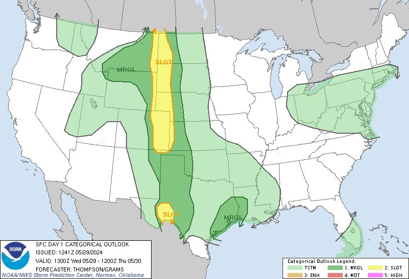 7:43am CDT #SPC Day1 Outlook Slight Risk: this afternoon through late evening across the northern/central High Plains and in southwest TX spc.noaa.gov/products/outlo…