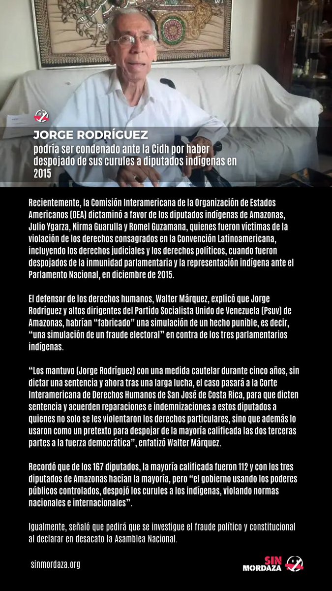 Sinmordaza's tweet photo. Jorge Rodríguez podría ser condenado ante la Cidh por haber despojado de sus curules a diputados indígenas en 2015

#JorgeRodríguez #OEA #CIDH #DDHHvzla #SimulaciónDeHechoPunible #diputadosindígenas https://t.co/47UWPV6049