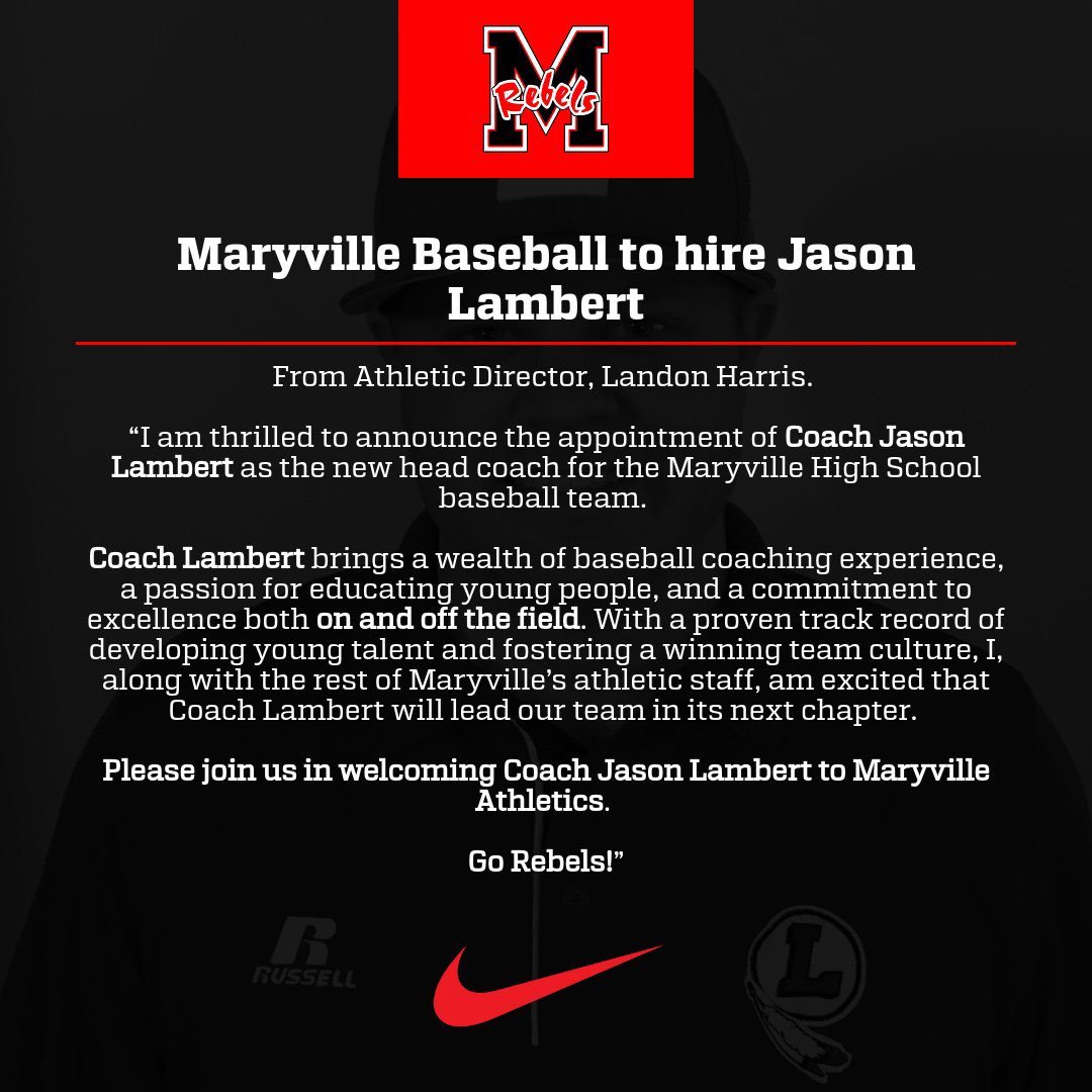 homeoftherebels's tweet photo. 𝐎𝐟𝐟𝐢𝐜𝐢𝐚𝐥 𝐒𝐭𝐚𝐭𝐞𝐦𝐞𝐧𝐭, Maryville High School to hire Coach Jason Lambert as next Head Baseball Coach.

#GoRebels | #MaryvilleMentality https://t.co/tA4OYAOrLT