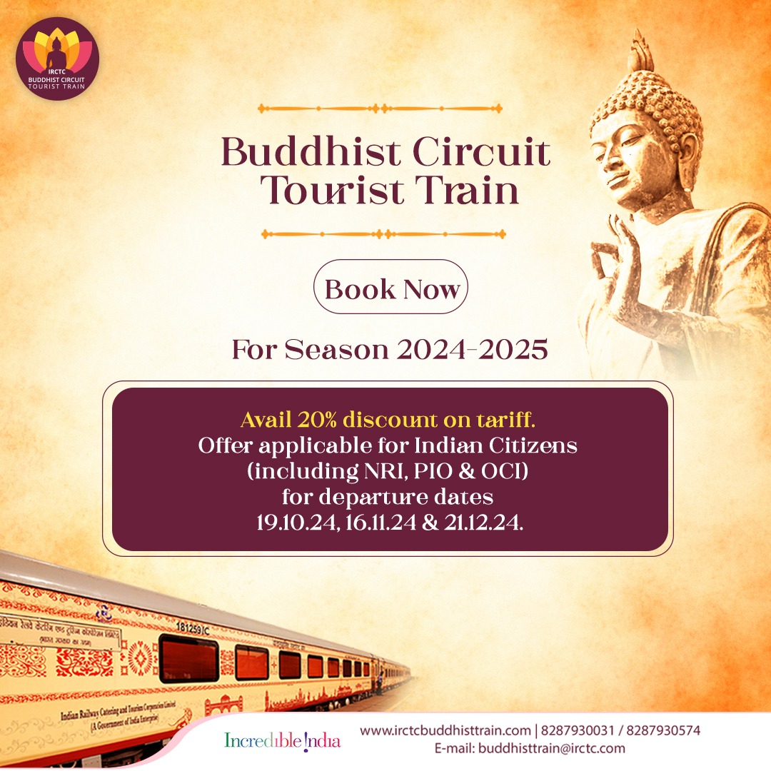 Feel the essence of Dhamma resonate throughout sacred Buddhist places you visit with the #BuddhistCircuitTouristTrain. Click on irctcbuddhisttrain.com for #ImmersiveExperiences. #buddhistcircuit #incredibleindia #temple #buddhastatue #peace #dhamma #travelgoals