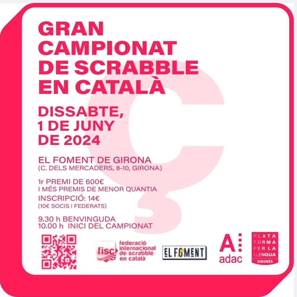 2n Gran #Campionat de #Scrabble en #català a #Girona!
📆 1 juny
📍@ElFomentGirona
Premis: 600 € (1r lloc), 300 € (2n), 150 € (3r) i premis especials.
Inscripció: plataforma-llengua.cat/gran-campionat…
#scrabblecat #llenguacatalana
@ADACGirona @llenguacat @CatalaMontilivi @GironaCultura