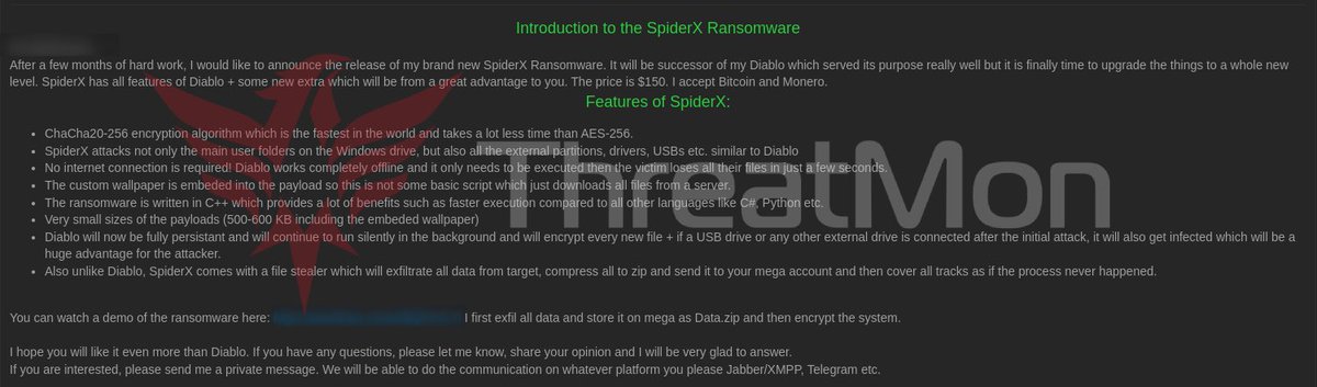 🚨 New Ransomware SpiderX Announced ⚠️ A threat actor on a dark web forum has announced the release of the new SpiderX Ransomware. The threat actor, creator of Diablo Ransomware, claimed to have created SpiderX Ransomware to take his business to a whole new level. . SpiderX has