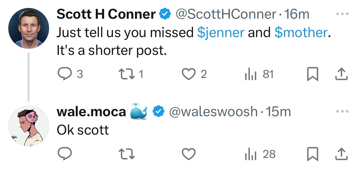 It’s crazy how divisive a topic like celebrity memecoins are.

Someone (@waleswoosh) makes a tweet about the lack of credibility in trusting celebrities who spontaneously launch tokens for the “benefit of the space,”

And randos like Scott get triggered.

Love to see it. 🤣