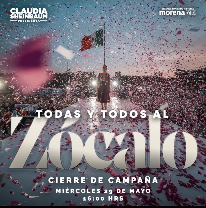 Este día, a las 4:00 pm, tendré el gusto de estar en el zócalo de la CDMX por el cierre de campaña de ⁦@Claudiashein⁩, y también para poder saludar a tantos amigos y seguidores que Morena me ha regalado. ¡Nos vemos al ratito!