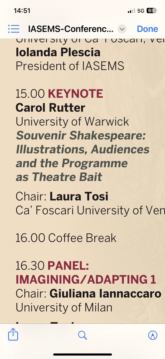 … and we’re off! The XIV IASEMS annual conference is under way. With warmest thanks to our extraordinary host, Laura Tosi! Carol Rutter is giving today’s keynote.