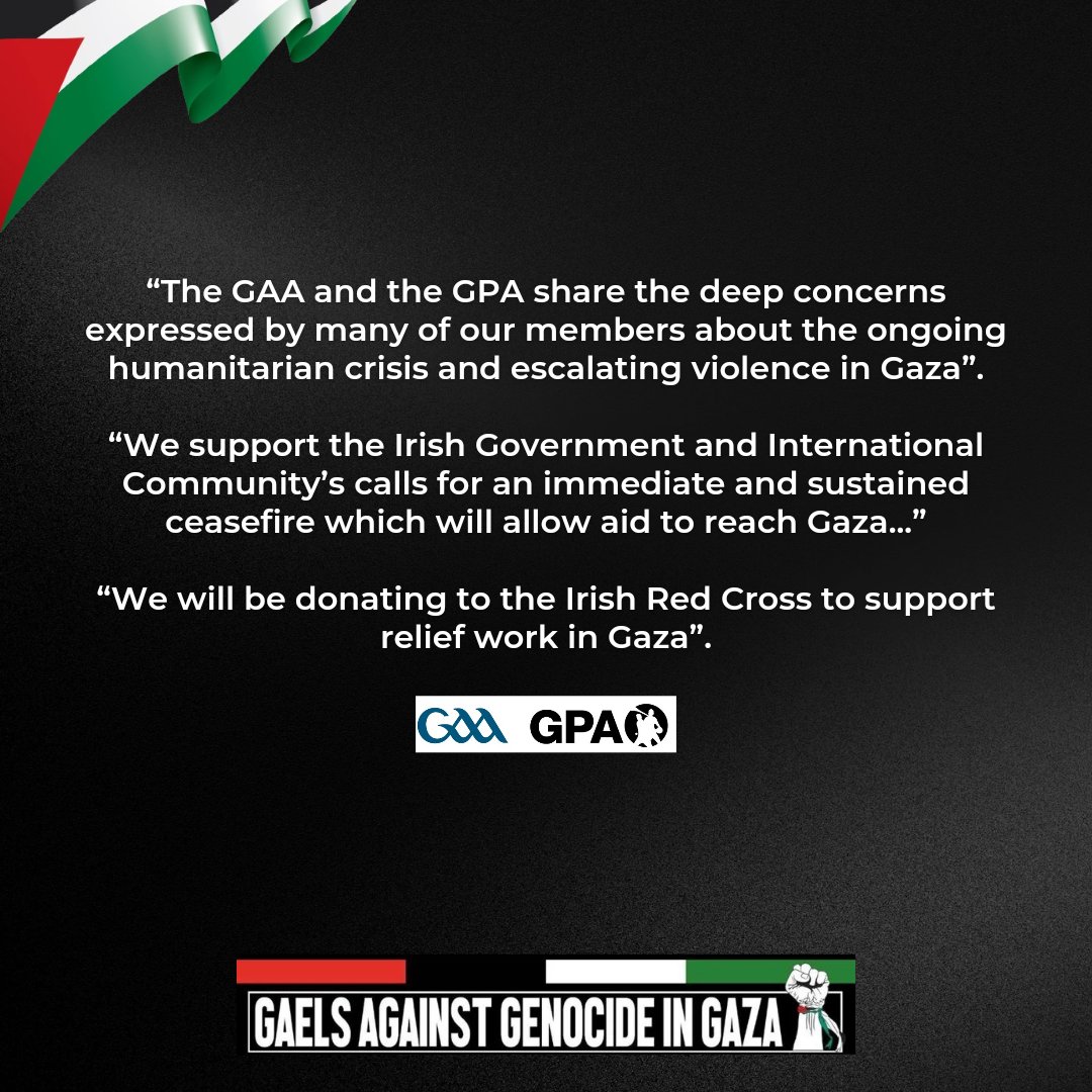 Following meetings with GAA President & officials,Gaels against Genocide are proud that the GAA & GPA have taken the rightful steps ,to maximise their influence as Ireland's biggest sporting body, to call for an 'immediate ceasefire'. Ceasefire Now - Saoirse don Phailistín 🇵🇸✊🏻