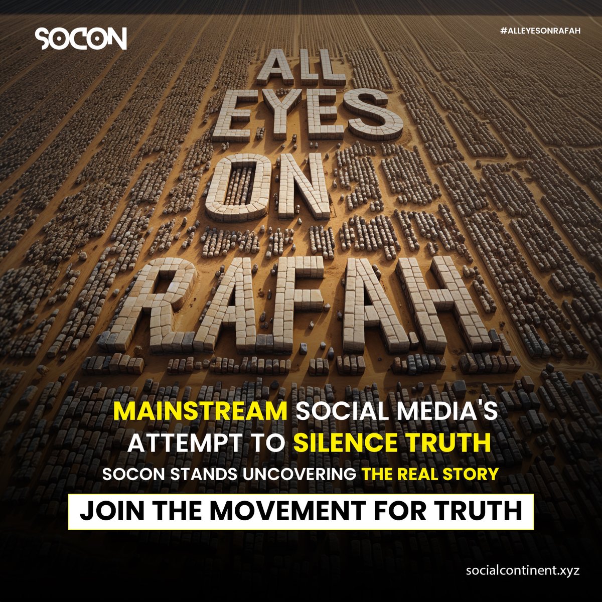 theSoCon's tweet photo. Amidst the chaos of Rafah, mainstream media blinds us. But we refuse to be silenced. Let's connect to the truth they won't show you. Join SoCon, where voices roar against censorship.🚫🤚🏼 

#AlleyesonRafah  #RafahOnFire #GazaGenocide‌  #PALESTINE #FreePalestine 🙏 #Freedom https://t.co/ph88ZIMMpp
