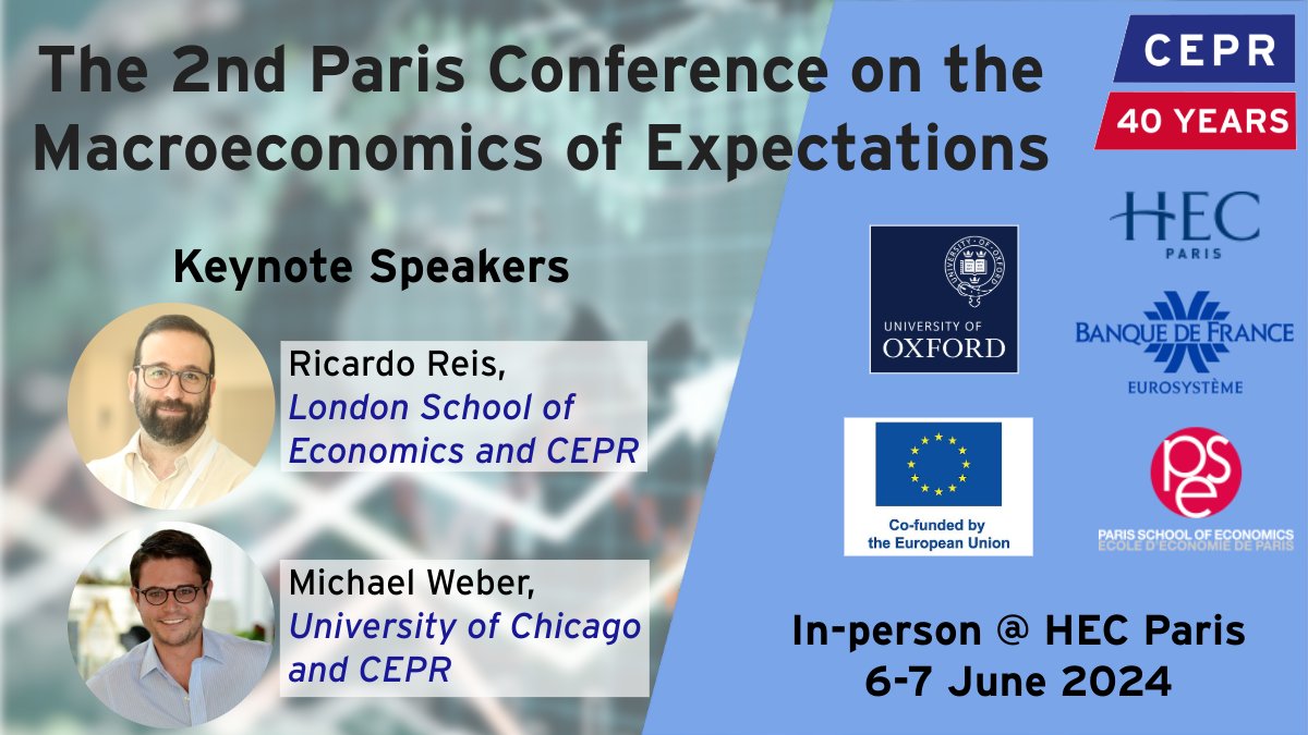 On 6-7 June, @HECParis hosts the 2nd Paris #Conference on the #Macroeconomics of Expectations. 🗣️ Ricardo Reis (@LSEnews) & Michael Weber (@ChicagoBooth). The event is co-organised by CEPR, @HECParis, @PSEinfo, @UniofOxford & @banquedefrance. Apply: ow.ly/EkGH50Rmhxw