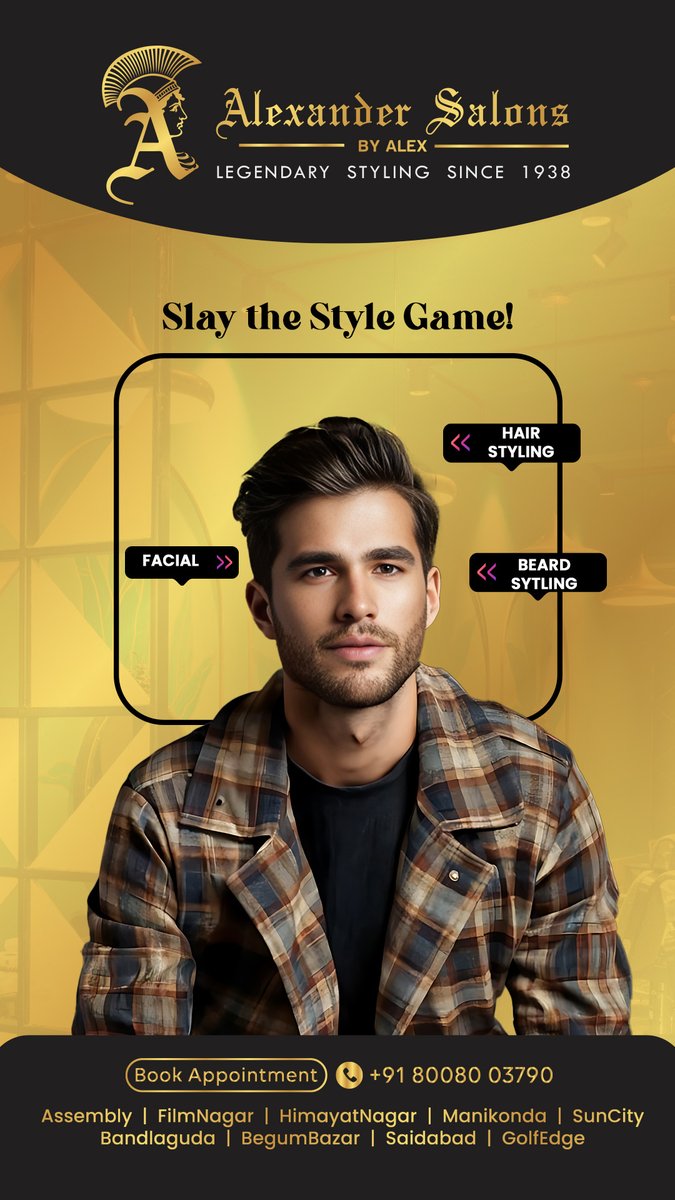 AlexSalons1938's tweet photo. Rejuvenate your Look! Treat yourself to a grooming session like no other with our expert hair styling, rejuvenating facials, &amp; precision beard styling. Walk out with new level of confidence!

#AlexanderSalons #LegendaryStyling #salon #bestsalon #hyderabadbestsalon @PixelarMedia https://t.co/sMY5Qxk2Ue