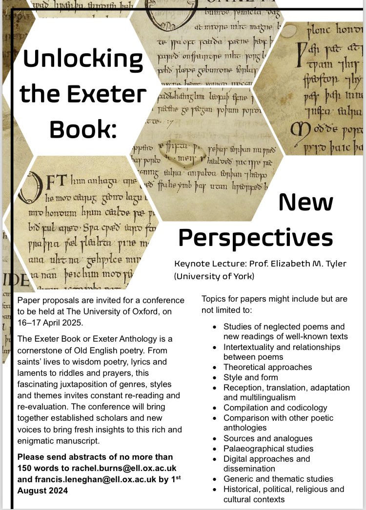 Check it out! Exeter Book conference in Oxford in April 2025 <a href="/MedEngOxon/">Medieval English</a> <a href="/engfac/">Faculty of English</a> #medievaltwitter