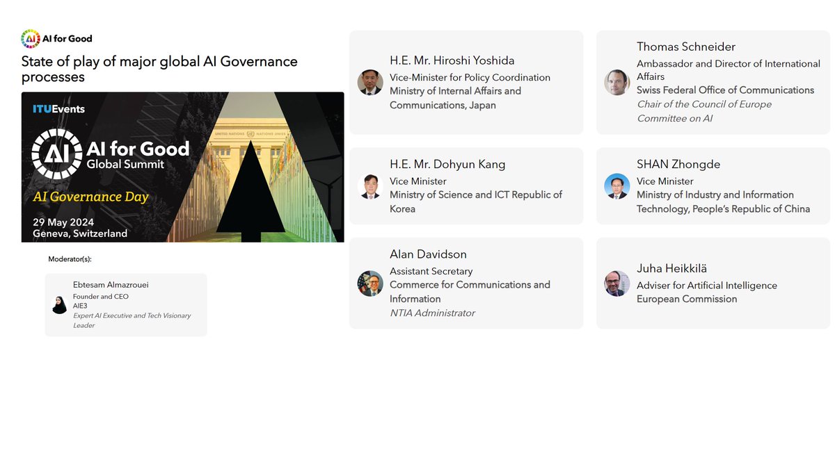 Great session this morning at #AI4G discussing inclusion in AI with <a href="/gabramosp/">Gabriela Ramos</a> highlighting gender gaps need to be addressed. Thank you #ITU for inviting such a  great group of diverse experts. Now in plenary on the State of play on AI Governance. Feeling of deja vu... #manel