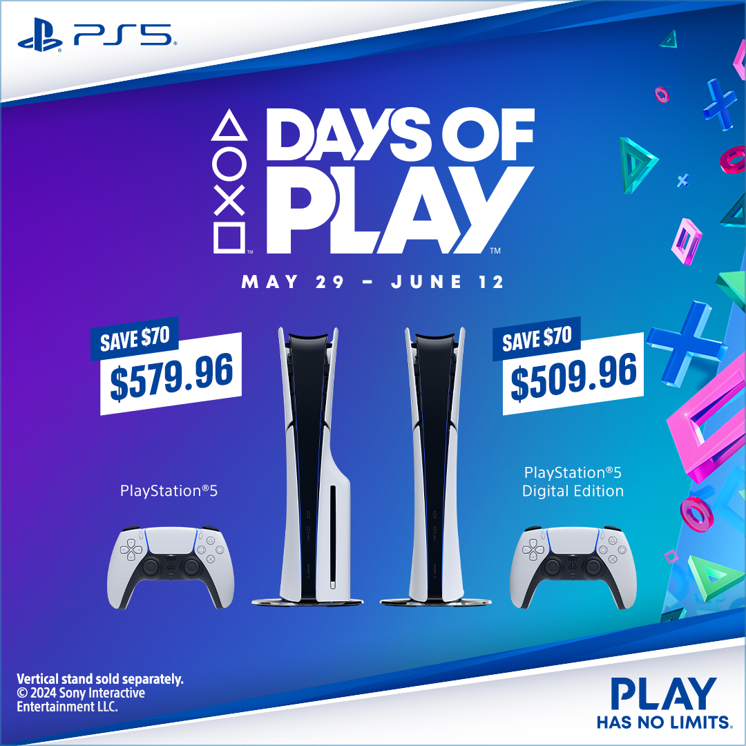 PlayStation's Days of Play has begun! 🎉

Save $70 on both the PS5 Disc and PS5 Digital Edition consoles at Walmart Canada for a limited time.

➡️ ms.spr.ly/6019Y9itt