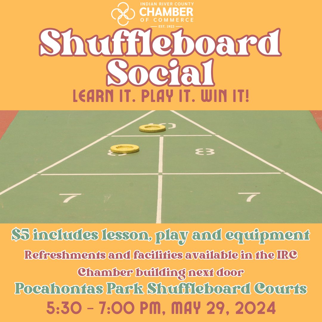 Come play Shuffleboard with us tonight in the beautiful Shuffleboard Courts next to our Chamber Building. Let's have a fun evening outside! Let us know you're coming: indianriverchamber.com > Events and Programs > Member Calendar