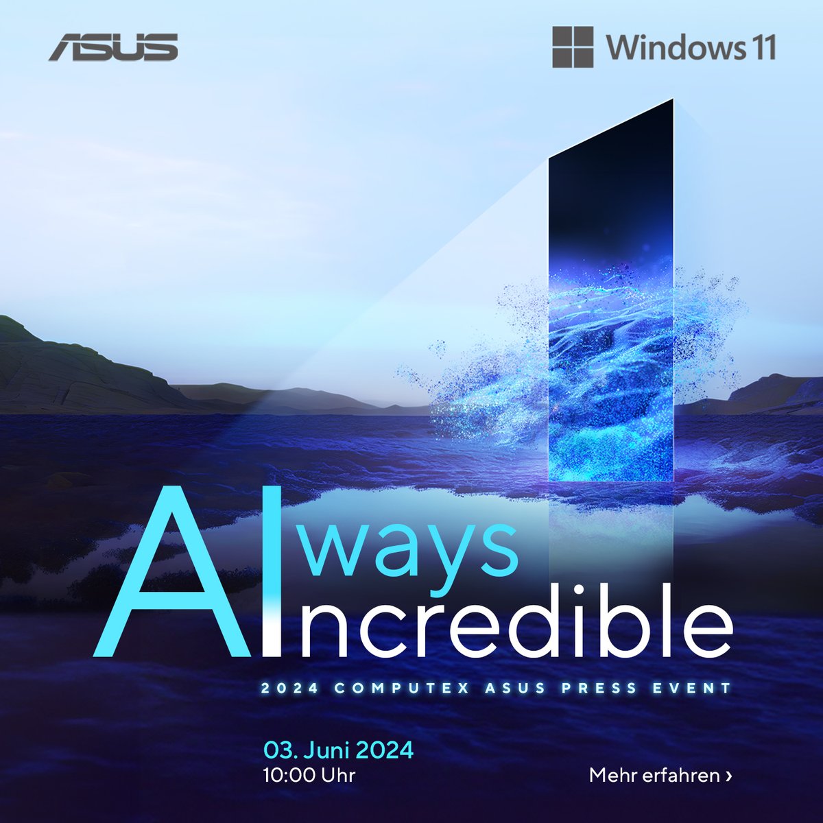 AIways Incredible! Schalte ein, wenn wir nächste Woche auf der Computex das Neuste aus dem Hause ASUS präsentieren. 🤩

#AIwaysIncredible #Computex #ASUS