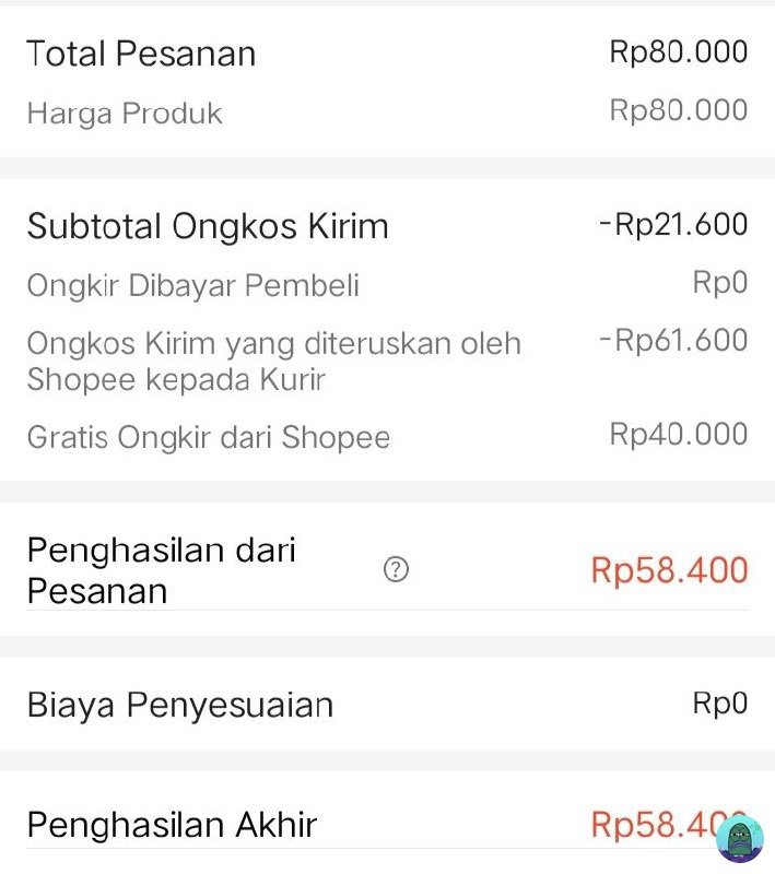 💚 guys ada yang tau gak ini hitungannya gmn, aku kan set produk di 80k biar pembeli bisa dapet gratong tapi kok penghasilan akhirku cuman 58.400 padahal aku gak aktifin ongkir ditanggung penjual, trs juga customer bayarnya 73k