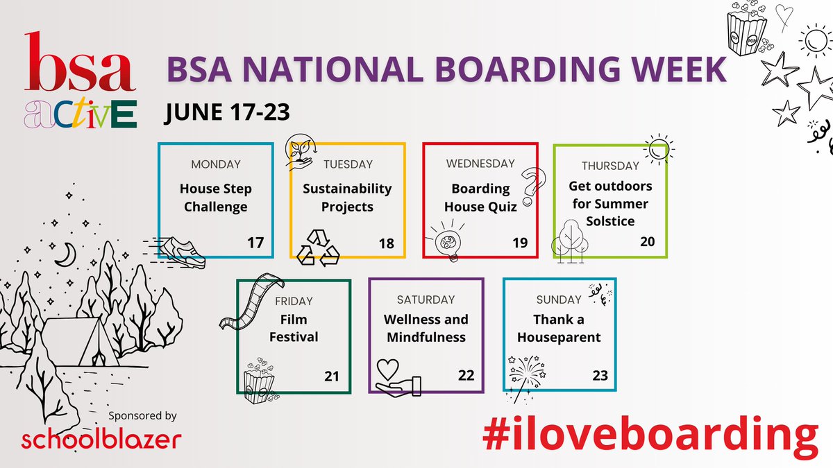 It’s time to get planning for BSA #NationalBoardingWeek next month from 17-23 June! There’s something for everyone, including a wellness and mindfulness day! Full info via ow.ly/poQy50RcTPQ  #iloveboarding @Schoolblazeuk
