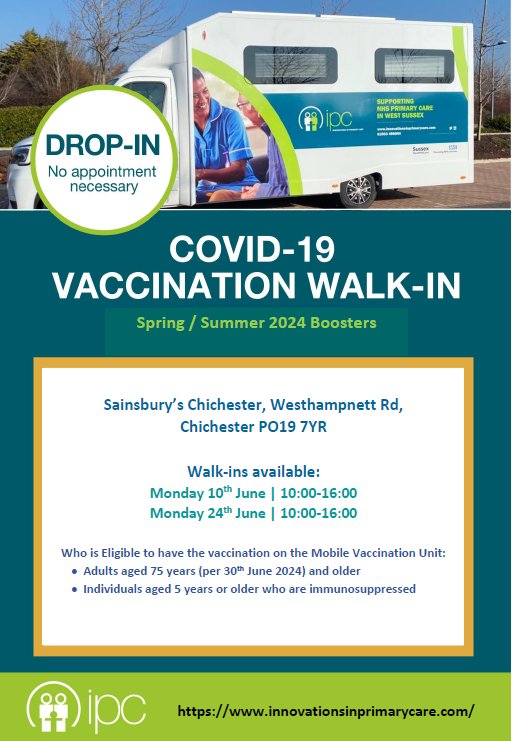 Spring Covid booster. Are you over 75years? Or  5years and older who are  immunocompromised? come to the drop in mobile vaccination van at Chichester (see dates below)