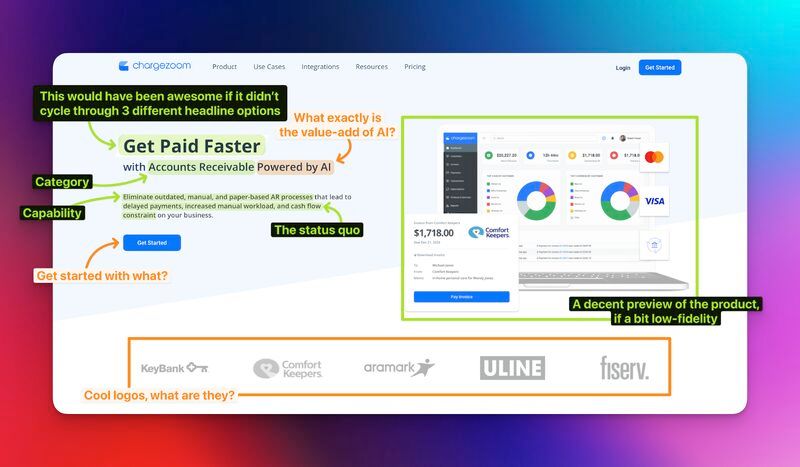 Chargezoom's homepage hero does something I'm not seeing often lately.

Apart from telling you what the product does, it reminds you about the problem with the status quo.

This is a classic element of the PAS framework, yet it's barely used on B2B SaaS homepages for some reason.