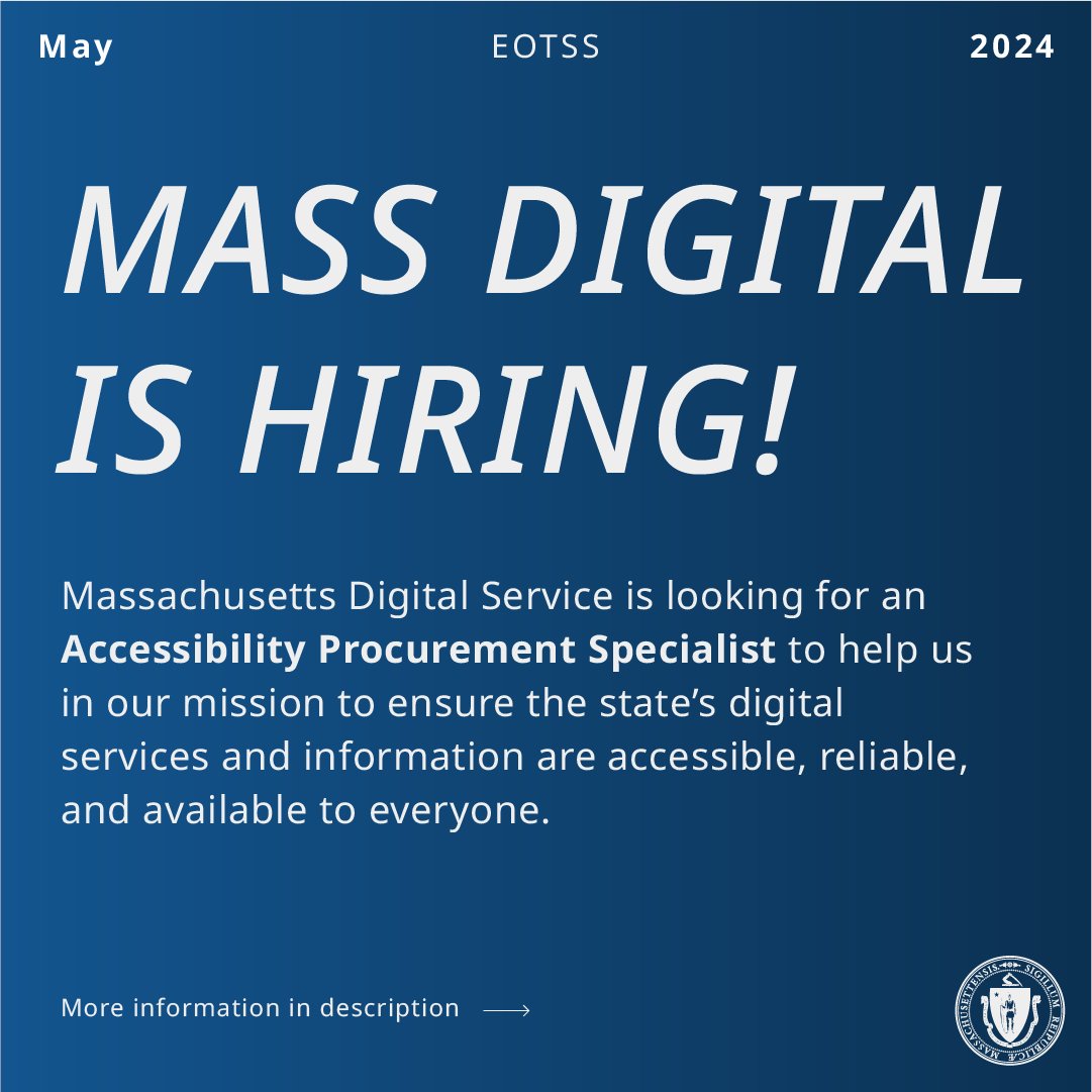 We’re looking for an Accessibility Procurement Specialist to help us in our mission to ensure the state’s digital services and information are accessible, reliable, and available to everyone. Learn more: ow.ly/9ylB50S05K6