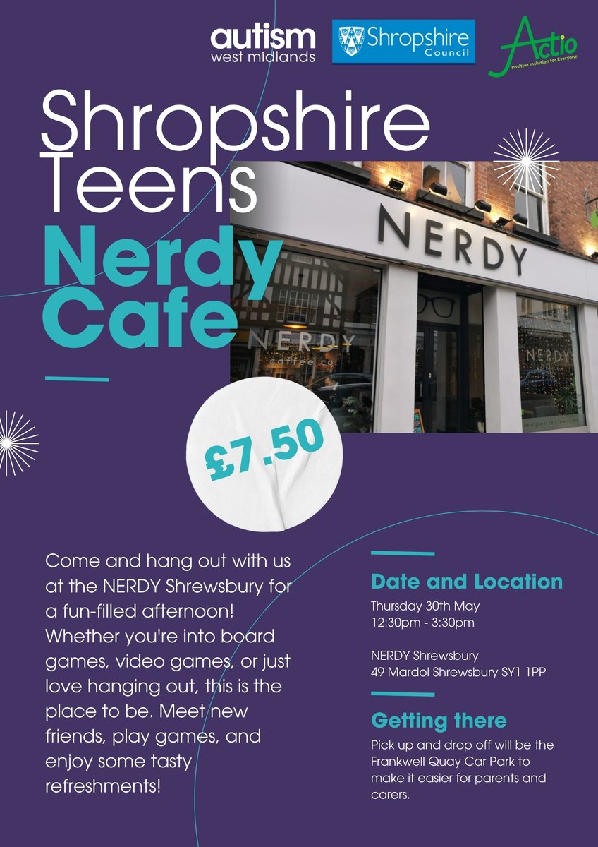 All In Members with Autism related needs can join Autism West Midlands at their next "Out &amp; About " session at Nerdy Café. 
Please make sure you share your All In Membership Number with AWM when you book.

#ASD #Neurodivergent #AllinShortBreaks #Shropshire