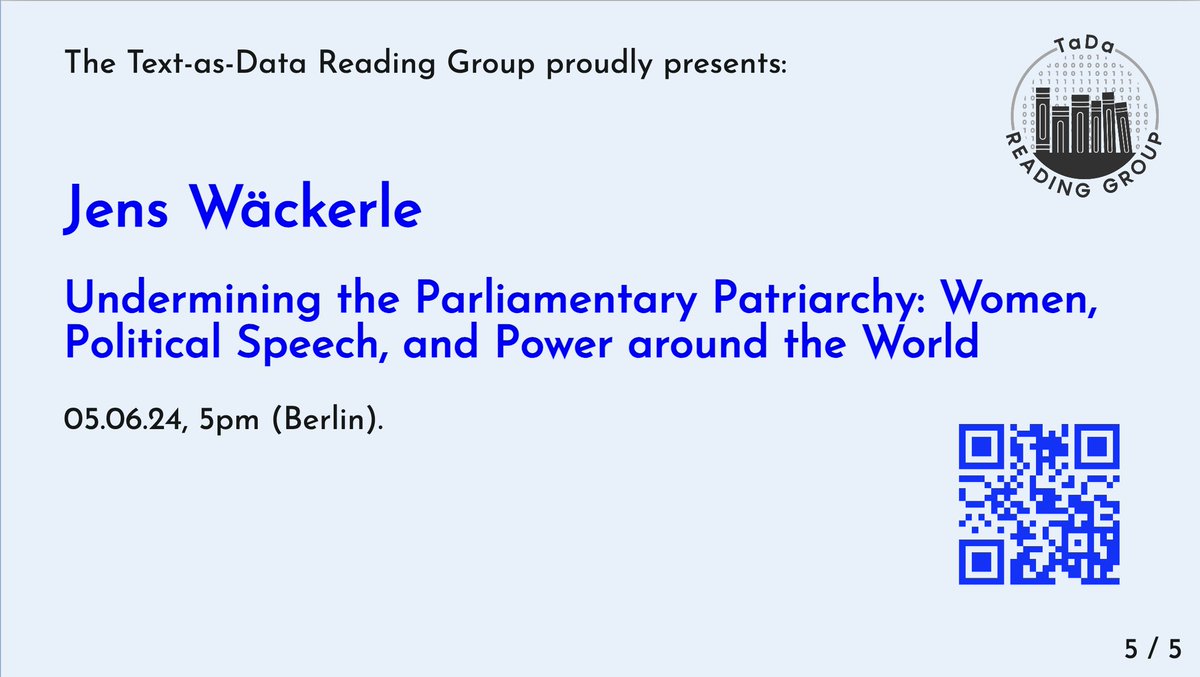 Next Wednesday (🗓️ June 5) at 17:00, the last Text-as-Data Speaker Series talk for this spring term will take place feat. @Jwaeckerle! Join us to learn more about the genderedness of parliamentary discourse and legislative power in a comparative perspective 🌟
