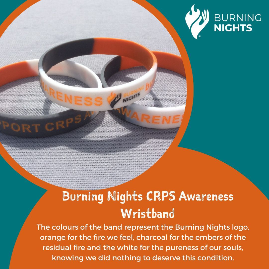 Burning Nights CRPS Awareness Wristband. The colours of the band represent the Burning Nights CRPS Support logo – orange for the fire we feel, charcoal for the embers of the residual fire and the white for the pureness of our souls. #CRPS

buff.ly/3gXPnzm