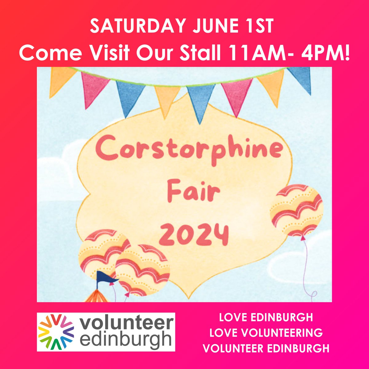 🌞 Join us Saturday 1 June, 11-4pm at St Margaret’s Park for #TheCorstorphineFair Let’s have a chat about volunteering & how you can have a positive impact in your community! 📅 Saturday 1 June, 11am - 4pm 📍Stall #50, St. Margaret's Park, Corstorphine 🎟️Free entry