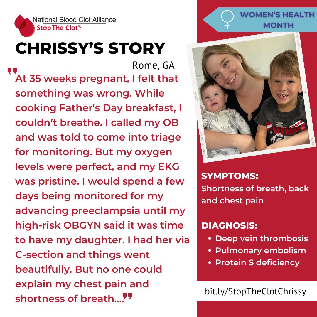 'Thirty-six hours after having my daughter, panic set in as I knew something was horribly wrong. My oxygen dropped to the low 80s, and my back and chest pounded with pain. I was suffering from a saddle PE.' Full story: stoptheclot.org/patient-storie…

#stoptheclot #stoptheclotstory