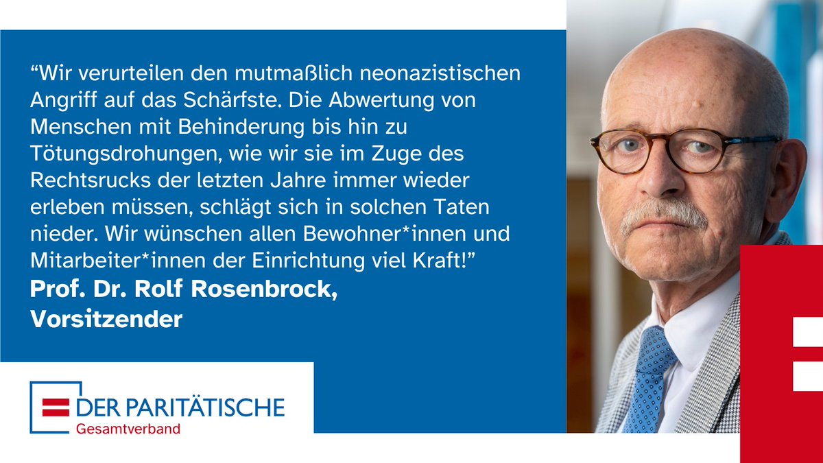 Wir verurteilen den mutmaßlich neonazistischen Angriff auf das Wohnheim für Menschen mit Behinderung unserer Paritätischen Mitgliedsorganisation @Lebenshilfe_NRW in Mönchengladbach auf das Schärfste und hoffen auf eine schnelle Aufklärung!
Hintergrund:
👉www1.wdr.de/nachrichten/rh…