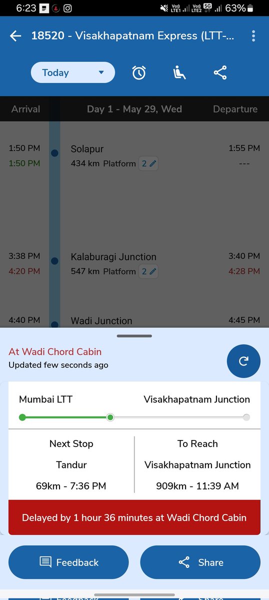 Trains are not running on time on this route since many days.  If there are any problems in the route, you can see quickly.  and can be tested.  I am patient with delay..@indianrail @SCRailwayIndia @RailMinIndia