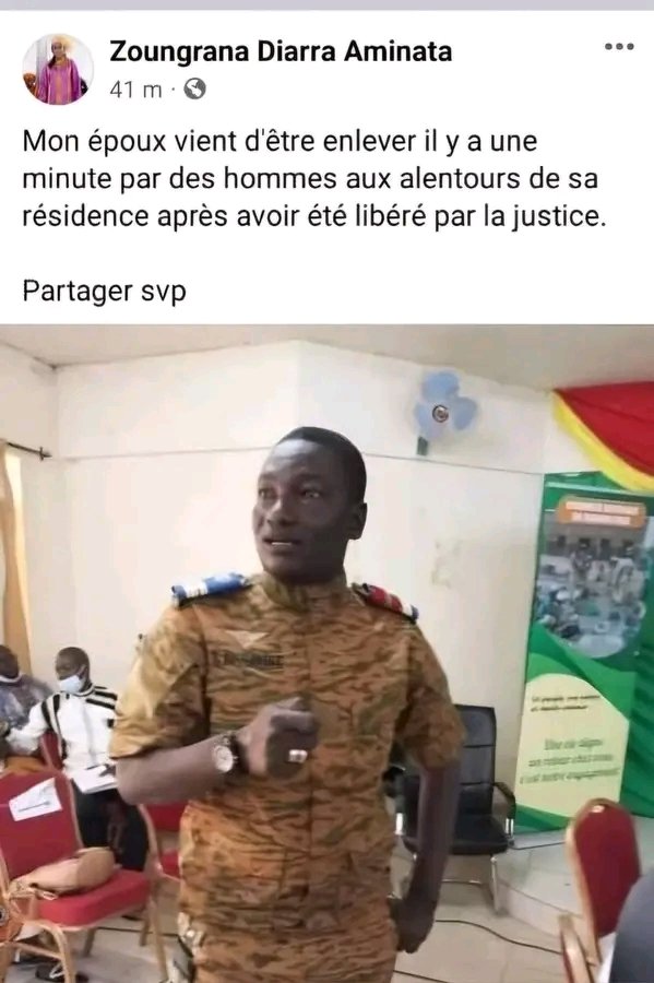 🛑#BURKINA

L'épouse du lieutenant colonel zoungrana lance une alerte.

À peine libéré par la justice , le Lieutenant-colonel Zoungrana vient d'être l'enlever par des hommes dans sa résidence en plein jour dans la capitale ( Ouagadougou) .

Tom la souris 🕵️