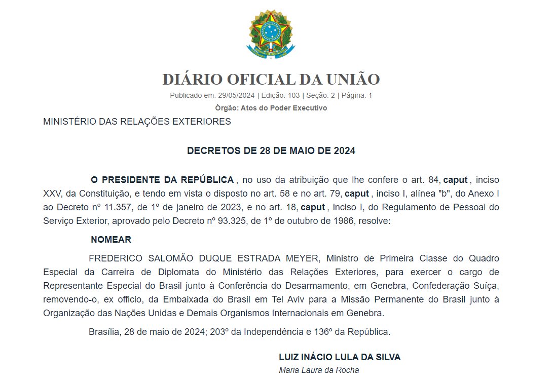 Brasil retira a su embajador de Israel. Decreto del presidente Lula.