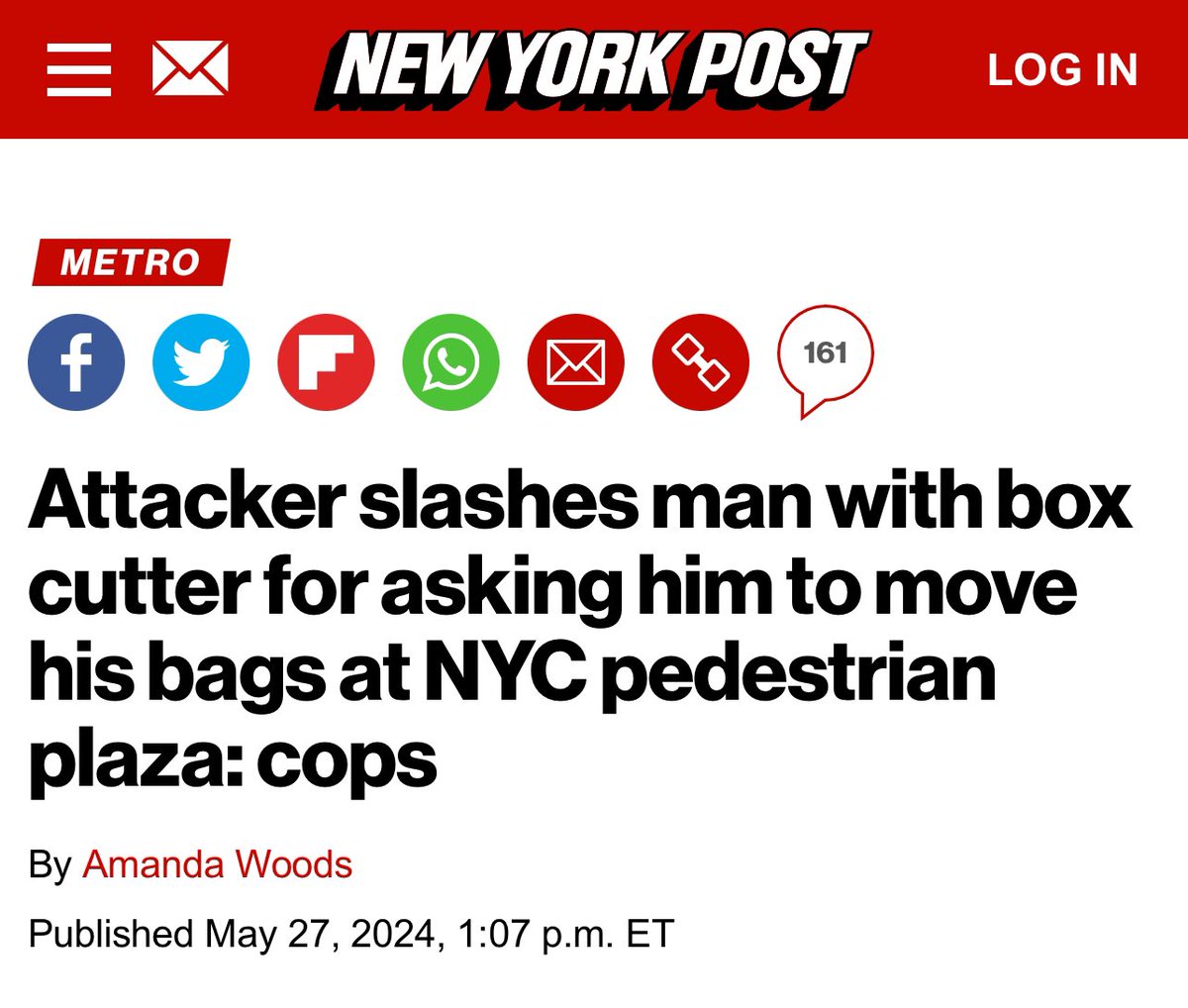 Another day, another violent attack here in our city. The scary part is that everyone is a potential victim. Innocent people are being attacked and criminals know there are little to no consequences. We must restore safety to our city and state! nypost.com/2024/05/27/us-…