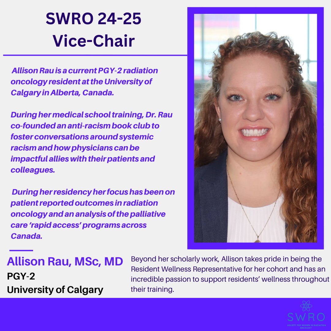 This #WeWhoCurie Wednesday, we are introducing our new Vice-Chair, Allison Rau, MsC, MD. Allison provides a unique perspective representing trainees from Canada 🇨🇦 She is passionate about palliative care and resident wellness 🙌 Learn more about Dr. Rau below: