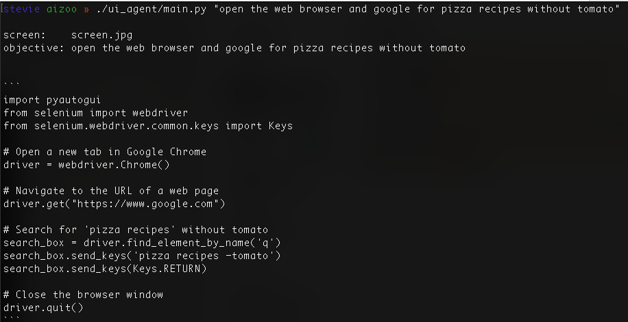 evilsocket's tweet photo. What if you give llava-llama3 vision into a computer desktop via screenshot images, some python library documentation and the objective to "open the web browser and google for pizza recipes without tomato"? 🧠🍕 #ai #llava #llama3 #multimodal https://t.co/rQR3Y0LNva
