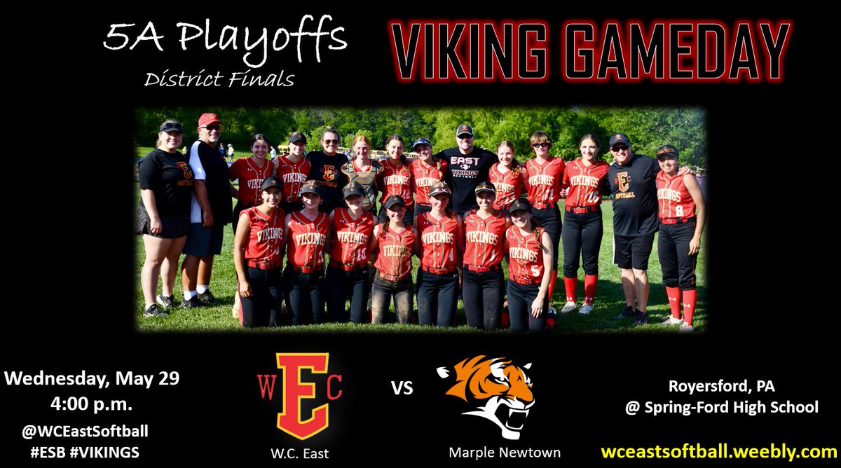 🥎𝐏𝐈𝐀𝐀 𝟓𝐀 𝐃𝐢𝐬𝐭𝐫𝐢𝐜𝐭 𝐅𝐢𝐧𝐚𝐥𝐬🥎 
🆚𝐌𝐚𝐫𝐩𝐥𝐞 𝐍𝐞𝐰𝐭𝐨𝐰𝐧
🕓𝟰:𝟬𝟬 𝗽.𝗺. 
📍 𝗦𝗽𝗿𝗶𝗻𝗴-𝗙𝗼𝗿𝗱 𝗛𝗶𝗴𝗵 𝗦𝗰𝗵𝗼𝗼𝗹
350 𝘚 𝘓𝘦𝘸𝘪𝘴 𝘙𝘥, 𝘙𝘰𝘺𝘦𝘳𝘴𝘧𝘰𝘳𝘥, 𝘗𝘈 19468

<a href="/WCEVikings/">WC East Athletics</a> <a href="/DLNSports/">Daily Local Sports</a> <a href="/BigTimeSoftball/">Big Time Softball</a>
<a href="/brudick55/">Bill Rudick</a>