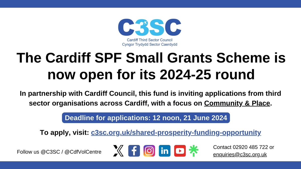 Announcement: We are delighted to announce the 2024-25 round of the Cardiff #SharedProsperity Fund (SPF) Small Grants Scheme, in partnership with @cardiffcouncil.

The fund is open to third sector orgs across Cardiff, with a focus on Community & Place.

Apply by 12 noon, 21 June.